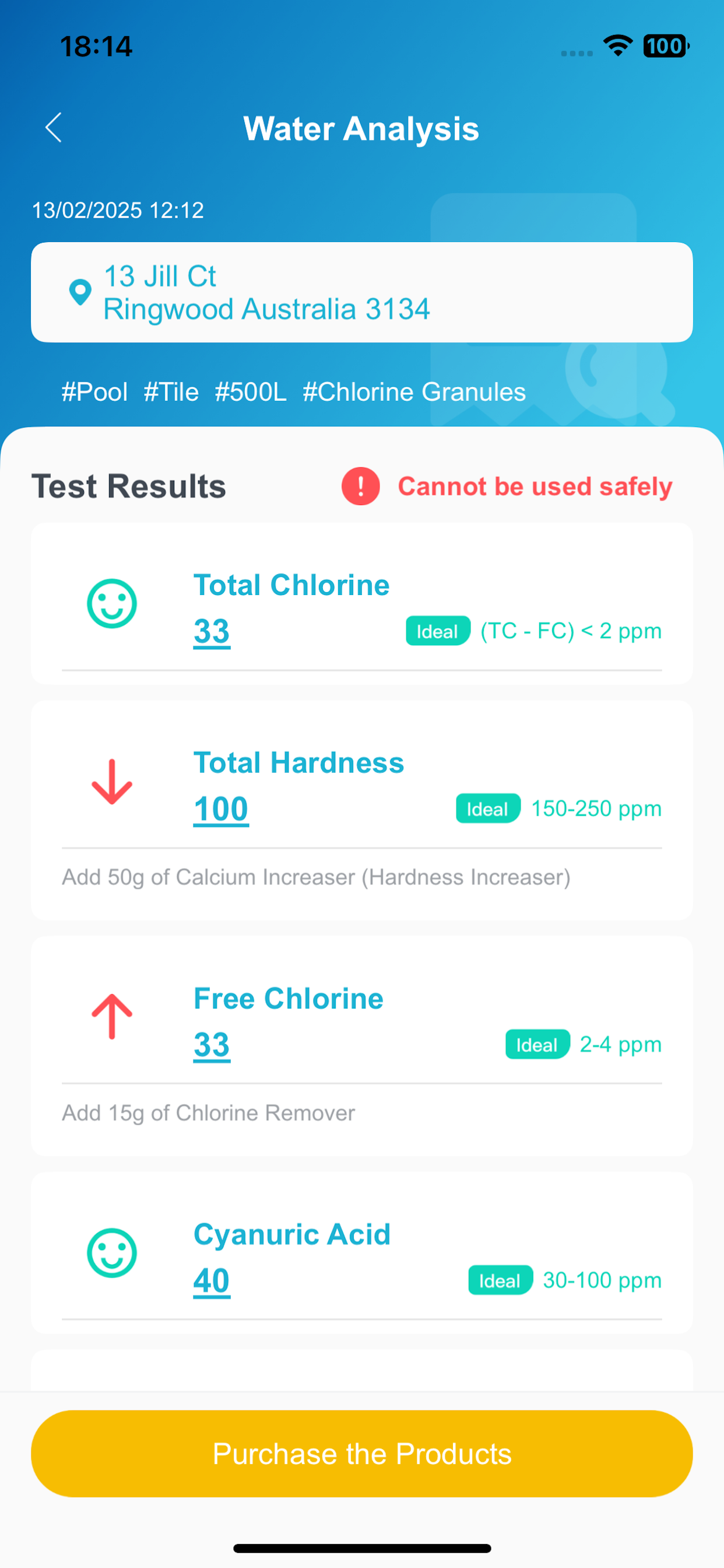 AquaCare water analysis report with test status and treatment recommendations